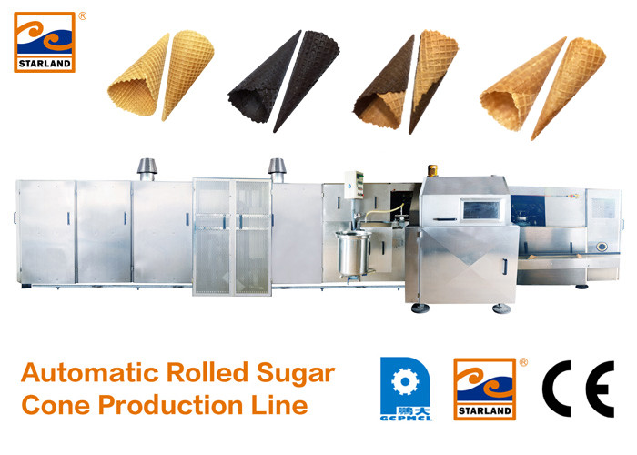 CE ได้รับการรับรองสายการผลิตน้ำตาลทรายอัตโนมัติกับเครื่องทำความร้อนได้อย่างรวดเร็วขึ้นเตาอบ, 63 แผ่นอบไอศกรีมกรวย Productio